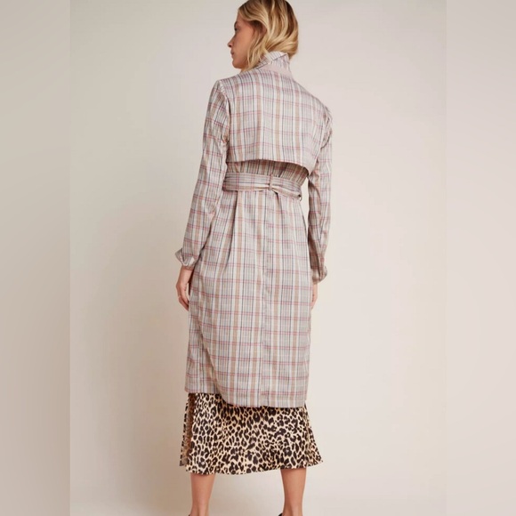 Anthropologie Plaid Belted Lightweight Summer Trench Coat Size M Neutral Motif - Picture 3 of 15